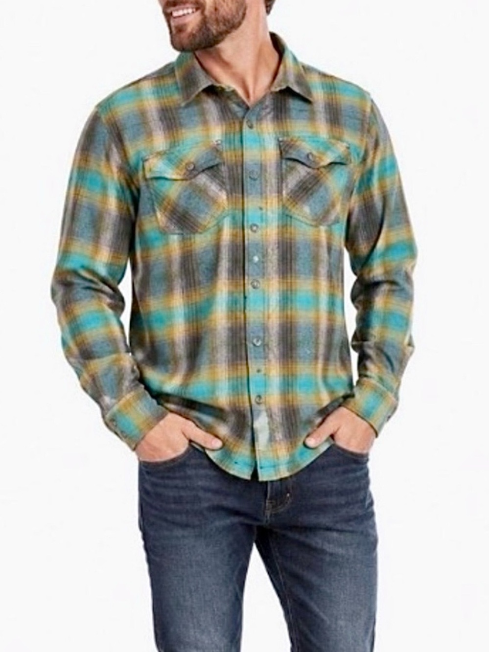 Prana Asylum Plaid Flannel Button Up Shirt Teal Outdoor Gorpcore Hiking Size L